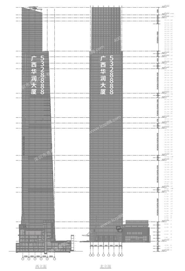 广西华润大厦楼体车贴灯光字位置比例图